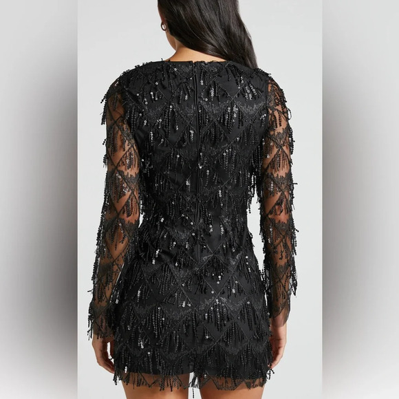 BLACK SEQUIN DIAMOND MESH LONG SLEEVE DRESS Sz S - Picture 3 of 7